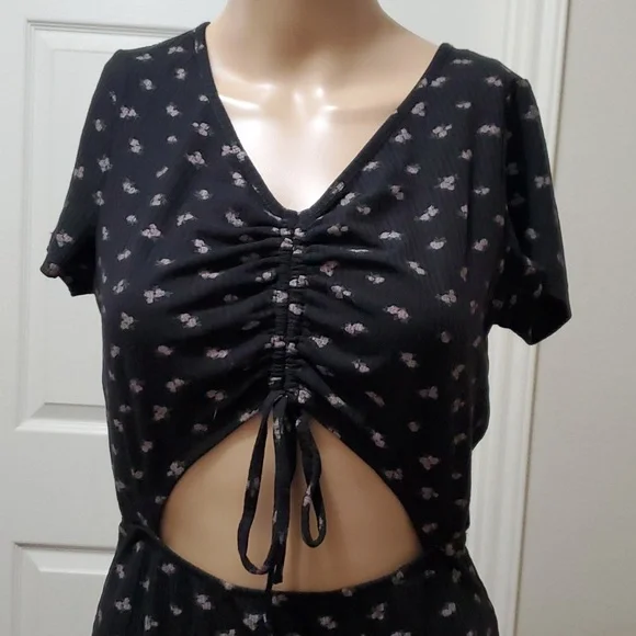 Hesperus L cutout stomach ribbed mini dress thigh slit lilac floating flowers - Picture 2 of 8